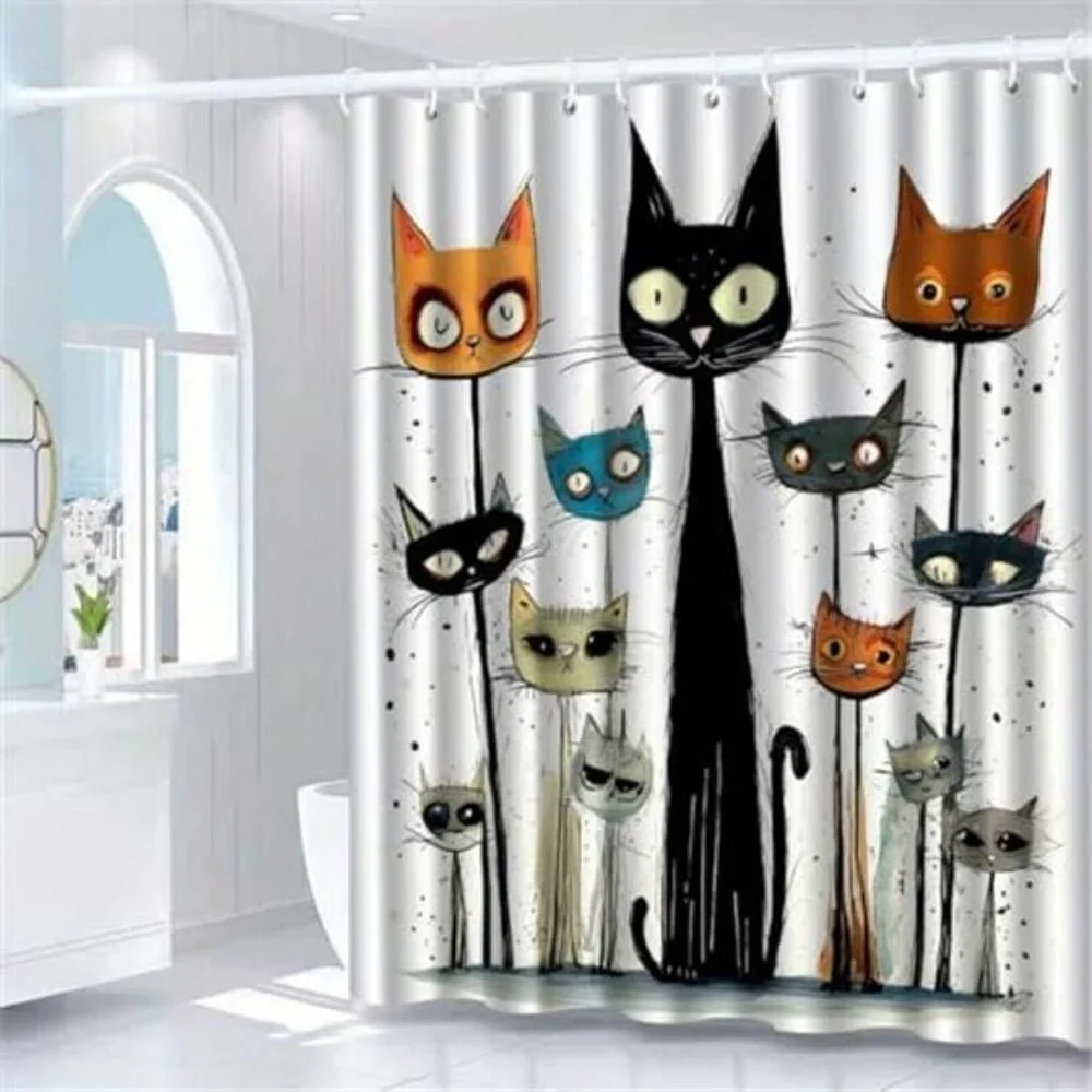 Funny Cat Shower Curtain Set, Cute Shower Curtain for Kids,Washable Durable